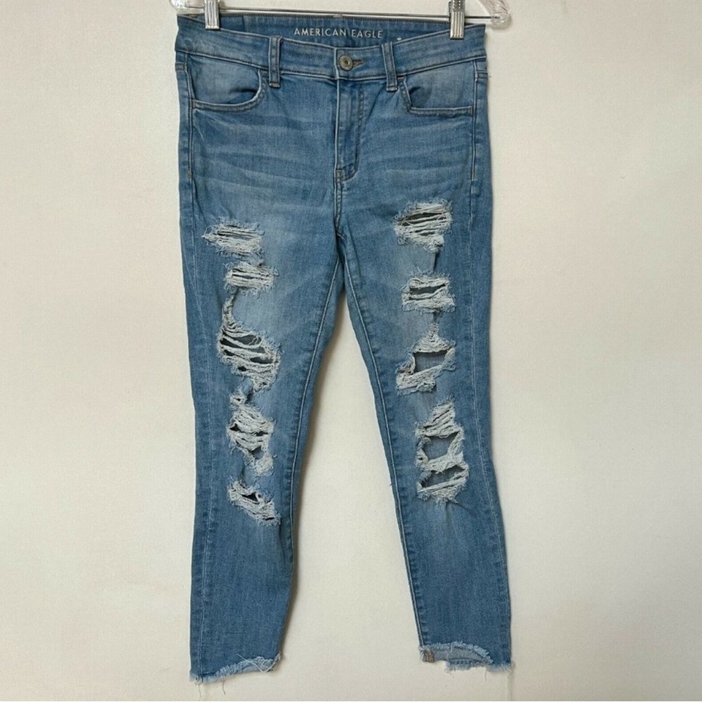 American Eagle Destroyed Jegging Crop Jeans Next Level Stretch Raw Hem Size 8